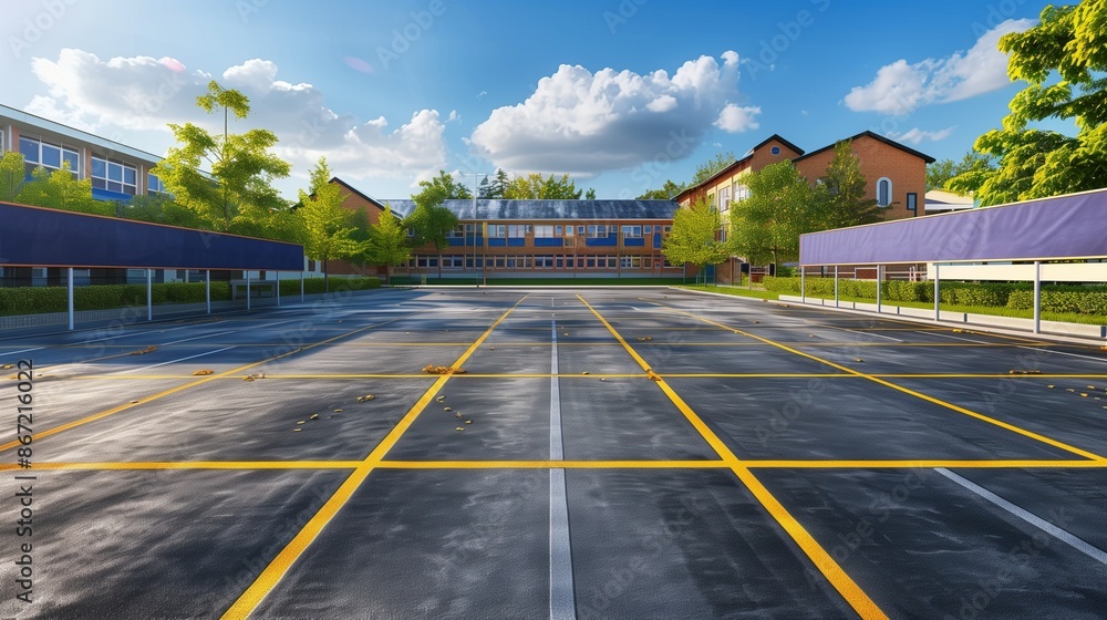 Back to School - Empty Banner on School Parking Lot, Student Drop-off Area, Educational Institution, Morning Routine Back to School - Empty Banner on School Parking Lot, Student Drop-off Area, Educational Institution, Morning Routine