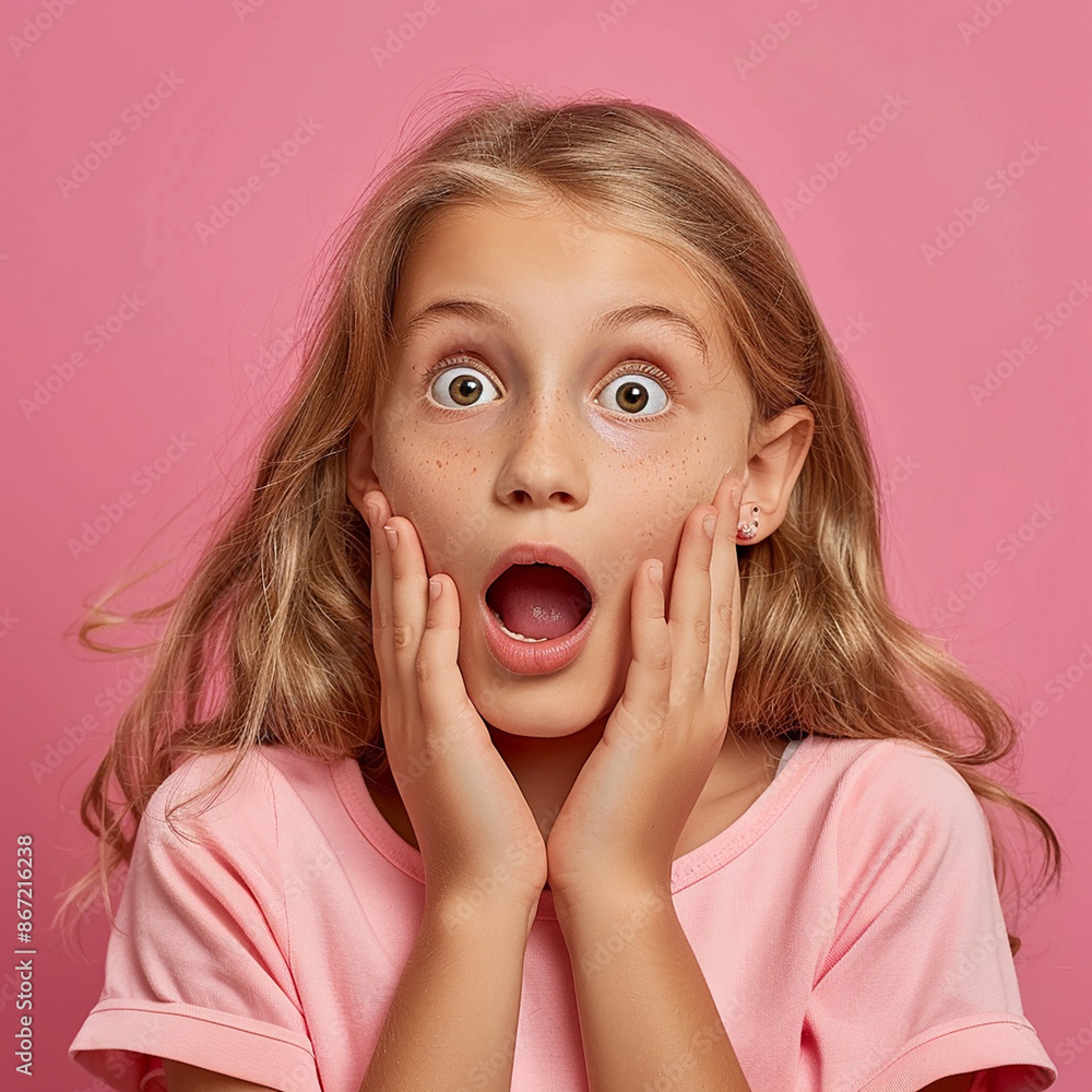 A young girl with long blonde hair looks surprised, her mouth open and hands on her cheeks, set against a pink background. The image captures a moment of shock and curiosity. A young girl with long blonde hair looks surprised, her mouth open and hands on her cheeks, set against a pink background. The image captures a moment of shock and curiosity.