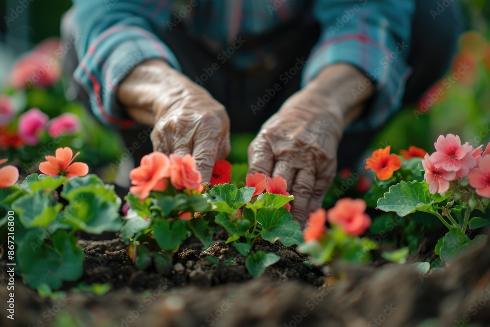 Fototapeta premium Senior woman tending to flowers in garden