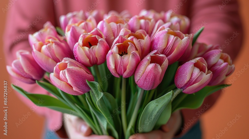 Fototapeta premium Pink tulip bouquet held by hands