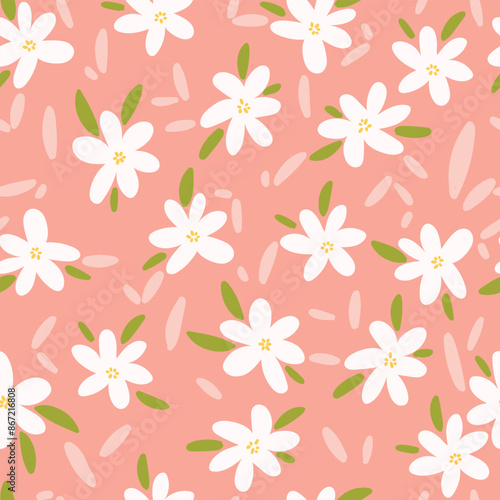 White flowers and leaves on peach background, seamless pattern. Vector illustration