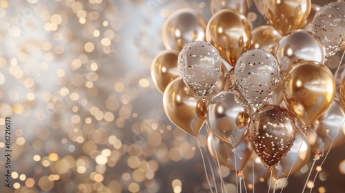 Elegant Golden and Silver Balloons with Confetti for Celebration