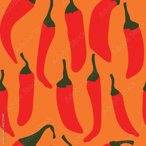 Seamless pattern with red chili pepper on orange background. Vector illustration.