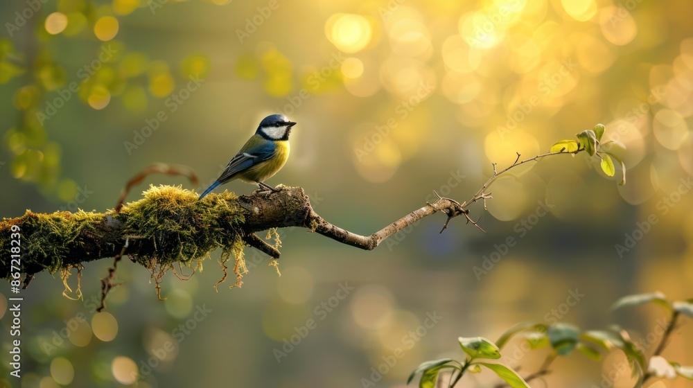 Blue Tit Perched on a Branch in a Sunny Forest Blue Tit Perched on a Branch in a Sunny Forest