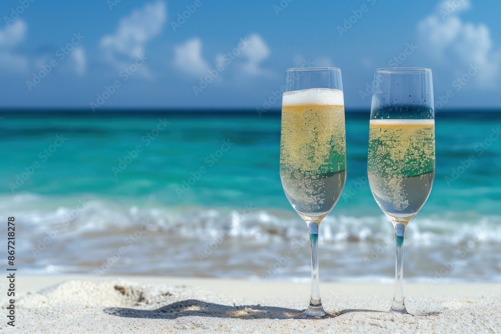 Two champagne glasses are standing on the white sand beach with turquoise sea and blue sky on the background Two champagne glasses are standing on the white sand beach with turquoise sea and blue sky on the background