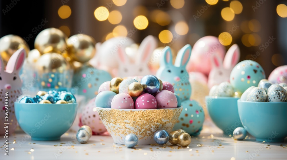 Colorful easter eggs in dotted bowls Colorful easter eggs in dotted bowls