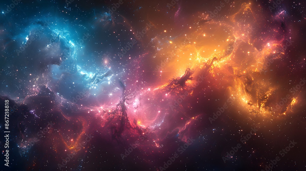 Abstract colorful background of nebula in space with swirling galaxies and stars, representing the concept of the universe, light orange and dark blue Abstract colorful background of nebula in space with swirling galaxies and stars, representing the concept of the universe, light orange and dark blue