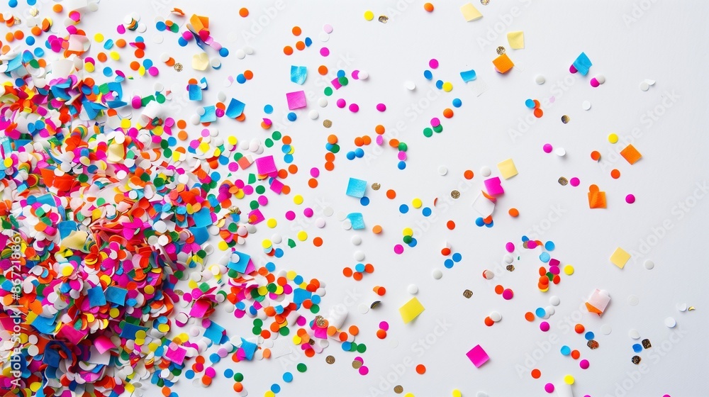 A vibrant and colorful arrangement of confetti scattered across a white surface, creating a festive and cheerful atmosphere typically associated with parties and celebrations. A vibrant and colorful arrangement of confetti scattered across a white surface, creating a festive and cheerful atmosphere typically associated with parties and celebrations.