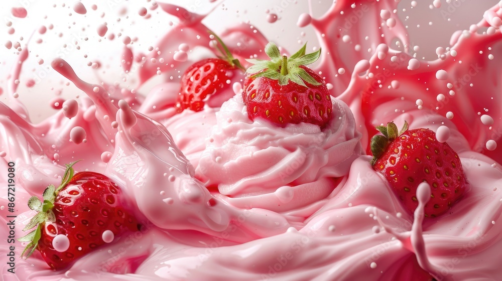 Strawberries Splash in Whipped Cream Fresh, Juicy and Creamy Dessert Strawberries Splash in Whipped Cream Fresh, Juicy and Creamy Dessert