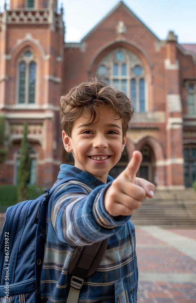 Young boy smiling and pointing at the camera, wearing a school uniform and backpack in front of a high school Young boy smiling and pointing at the camera, wearing a school uniform and backpack in front of a high school