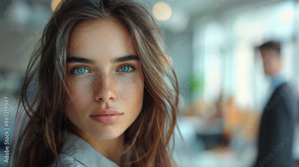 Obraz premium Focused Young Woman with Freckles and Partner in a Modern Office Setting
