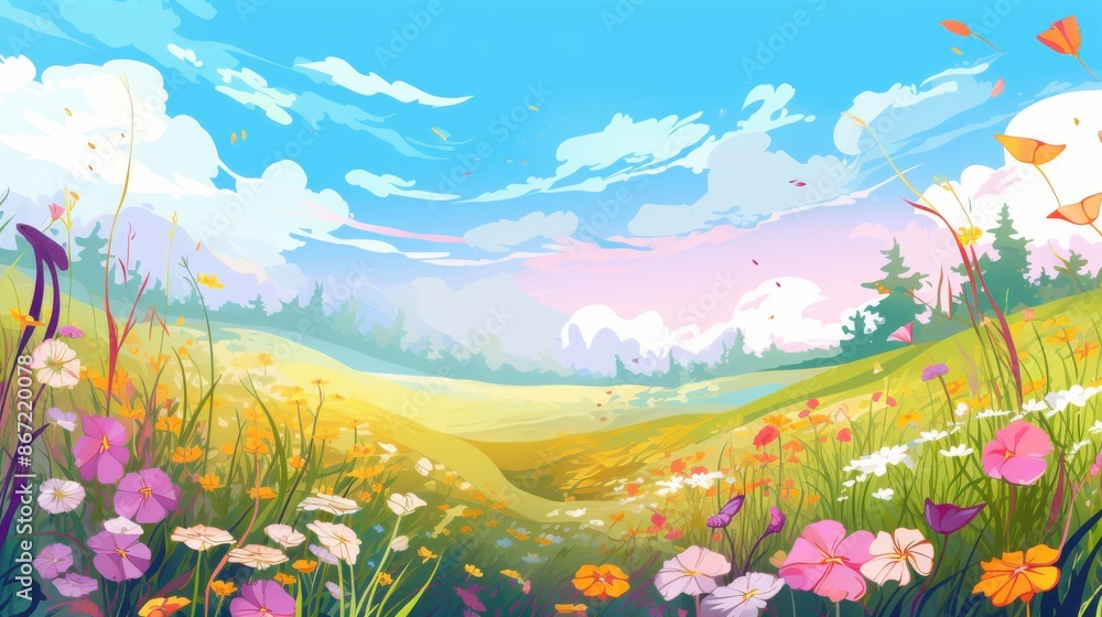 Idyllic Summer Landscape. Blooming Meadow with Wildflowers, Lush Green Grass, and Blue Sky. Perfect for nature, spring, or fantasy concepts. Idyllic Summer Landscape. Blooming Meadow with Wildflowers, Lush Green Grass, and Blue Sky. Perfect for nature, spring, or fantasy concepts.