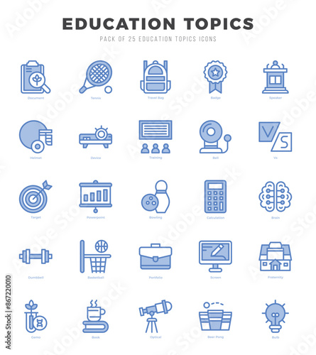 Vector Education Topics types icon set in Two Color style. vector illustration.