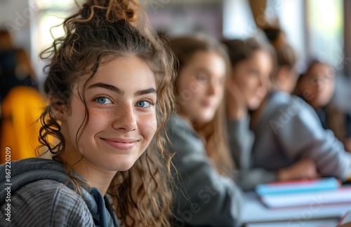 Smiling schoolgirl at desk glancing back as classmates move around in a lively classroom