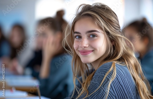 Wallpaper Mural Smiling schoolgirl at desk glancing back as classmates move around in a lively classroom Torontodigital.ca