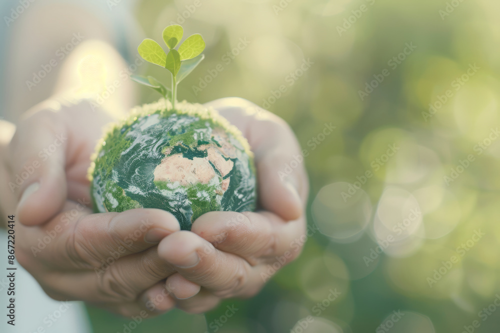 closeup shot of hands holding a mini earth planet, green lifestyle concept, with blurred background, bokeh effect. closeup shot of hands holding a mini earth planet, green lifestyle concept, with blurred background, bokeh effect.