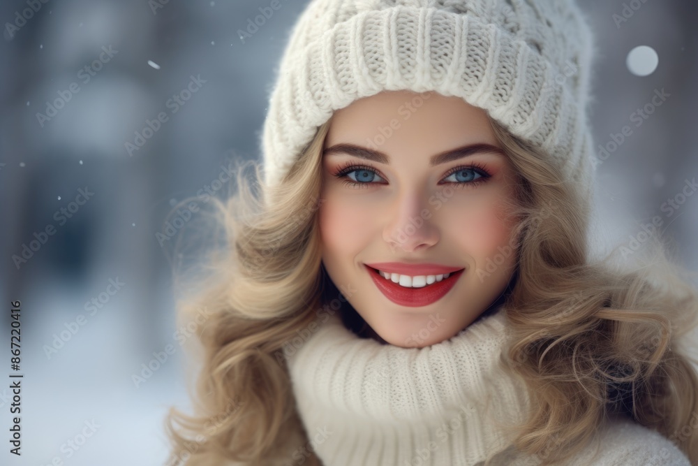 Smiling Woman in Winter Attire in Snowy Landscape with Blue Eyes and Red Lips Smiling Woman in Winter Attire in Snowy Landscape with Blue Eyes and Red Lips