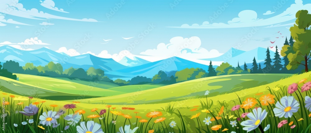Fototapeta premium Scenic summer landscape with rolling hills, wildflower meadow, lush green forest and distant mountains. Ideal background for nature, environment, travel and adventure concepts.