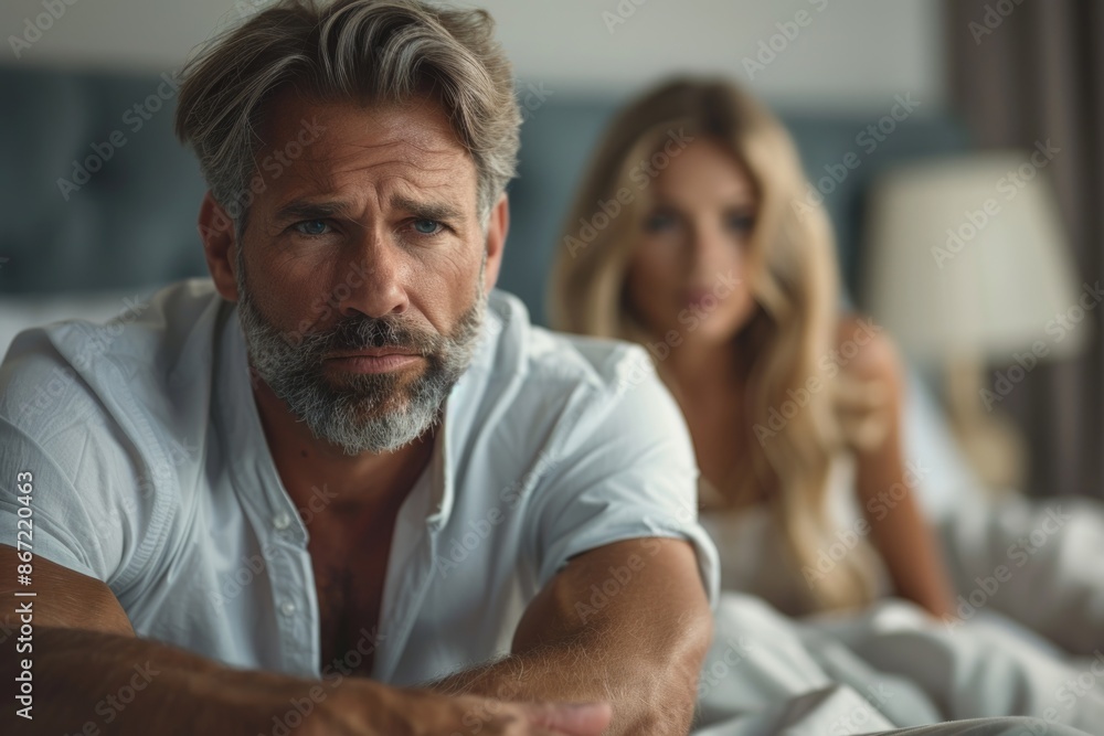 Pensive Mature Man Sitting on Bed with Concerned Woman in Background Pensive Mature Man Sitting on Bed with Concerned Woman in Background