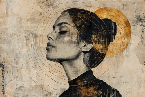 Abstract Female Portrait with Golden Accents and a Bun in a Textured Background