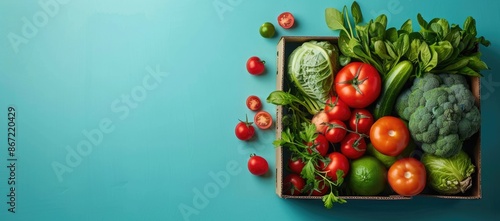 Fresh produce in a box on blue background