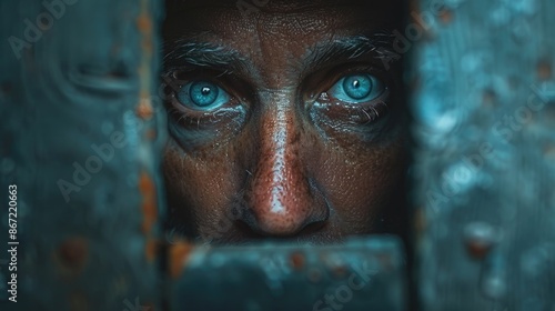 Close up of a mans eyes looking through a rusty cage photo