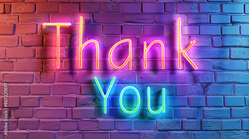 Playful "Thank You" in vibrant rainbow neon lights against a joyful coral brick wall. Conveying gratitude with whimsical delight.