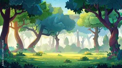 Cartoon illustration of a lush, green forest clearing bathed in sunlight. Whimsical, magical woods background. photo