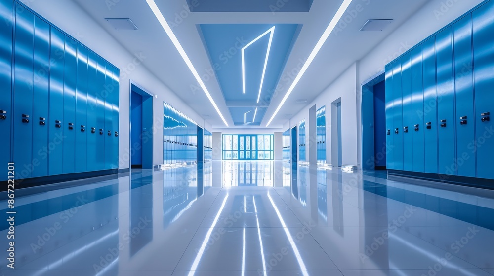 Modern School Hallway with Blue Lockers - Generative AI Modern School Hallway with Blue Lockers - Generative AI