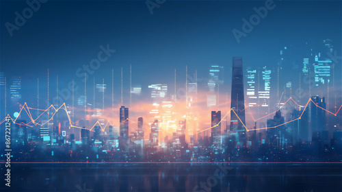 株価チャートと都市の背景