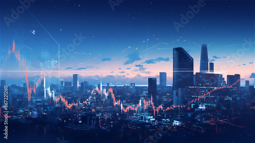 株価チャートと都市の背景