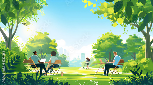 晴れた日の公園で仕事をする人達