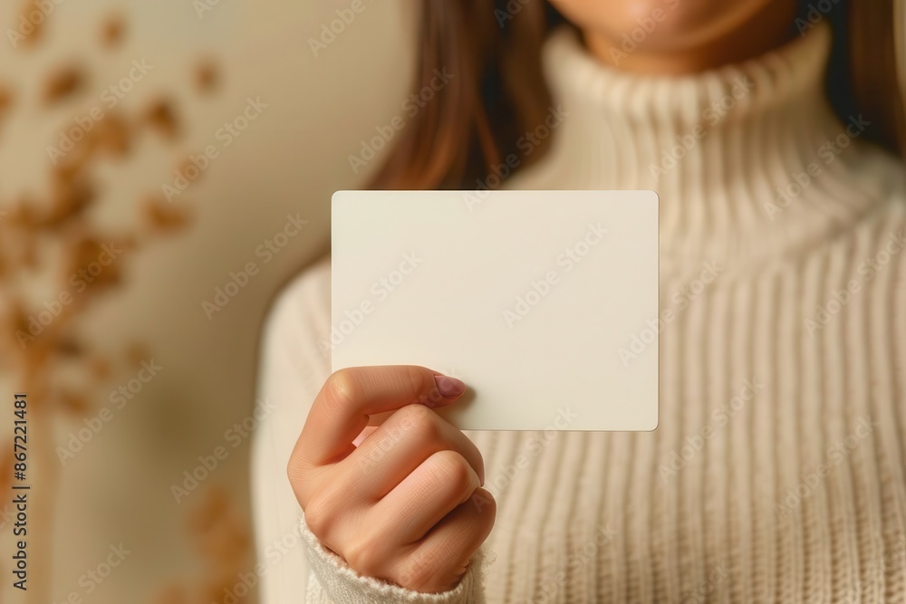 Obraz premium Close-up of woman in sweater holding blank card. Ideal for business card mockup, identity concept, and presentation design.