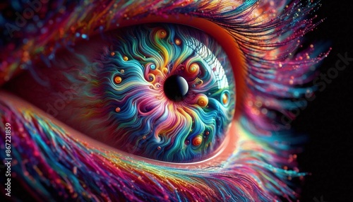 A vibrant, close-up shot of an eye with swirling colors that form a miniature world within its iris