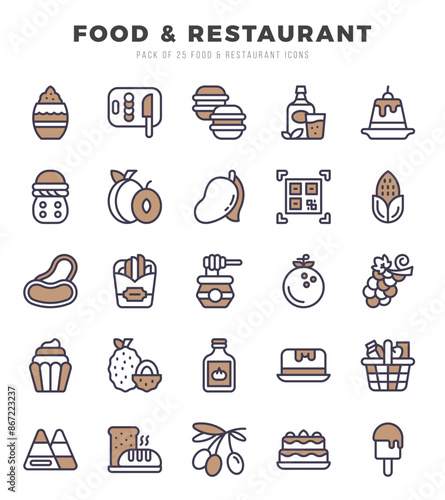 Set of Food and Restaurant Icons. Simple Two Color art style icons pack.