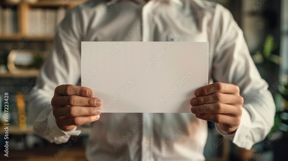Businessman Holding Blank Paper Sheet for Presentation or Message in Office Setting Businessman Holding Blank Paper Sheet for Presentation or Message in Office Setting