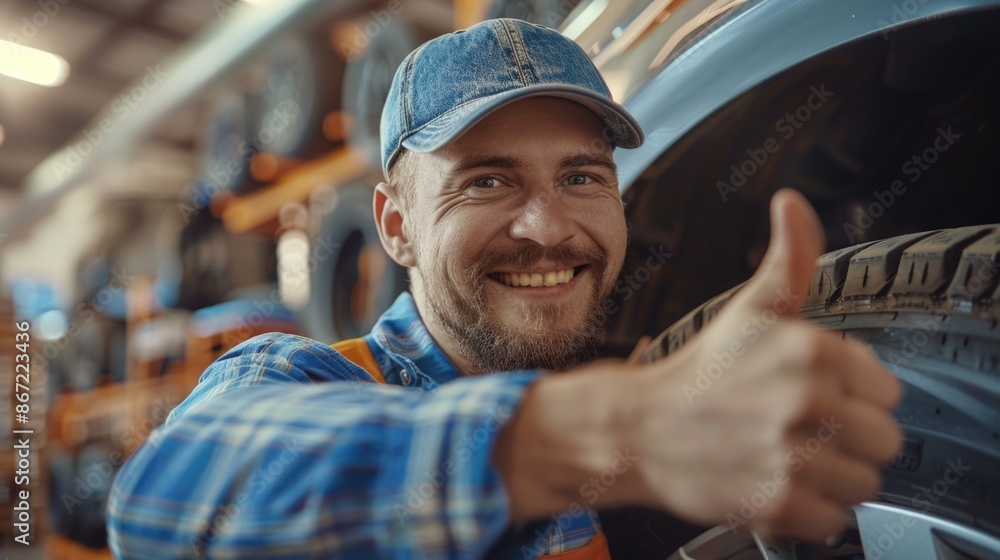 Mechanic gives thumbs up in automotive shop Mechanic gives thumbs up in automotive shop