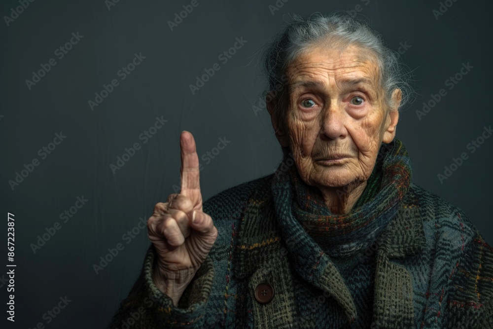 Elderly woman pointing upward in studio portrait Elderly woman pointing upward in studio portrait