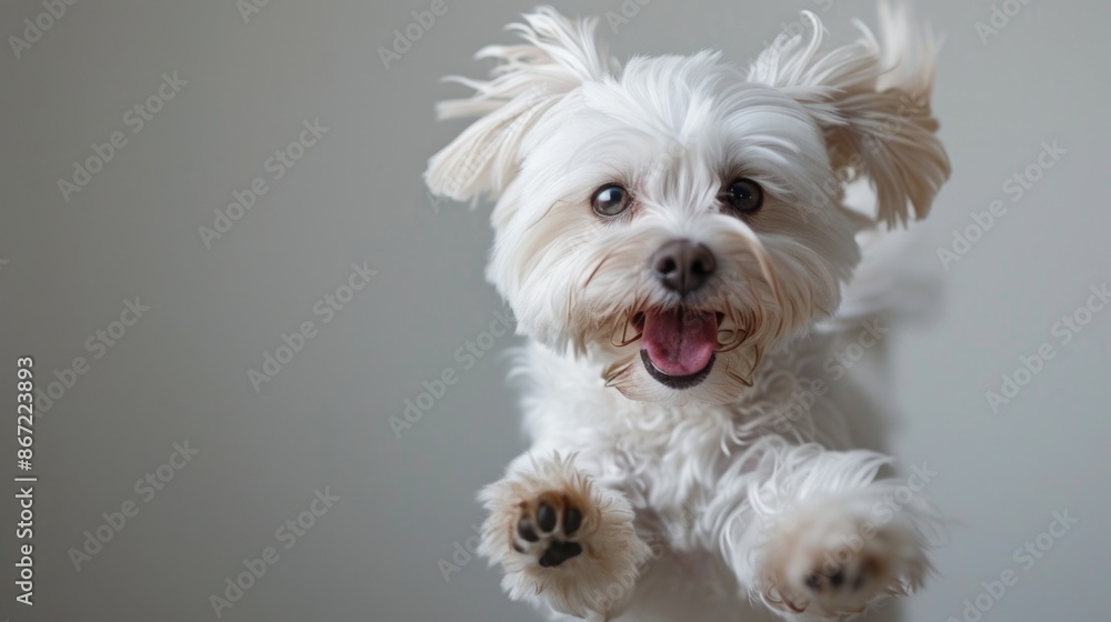 White dog jumping in front of grey wall White dog jumping in front of grey wall