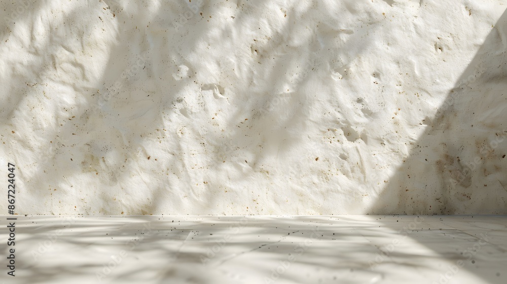 Creamy limestone wall and floor with sun rays and shadow, background for product display Creamy limestone wall and floor with sun rays and shadow, background for product display