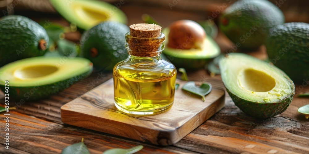 Avocado oil and fresh avocados on wooden table Avocado oil and fresh avocados on wooden table