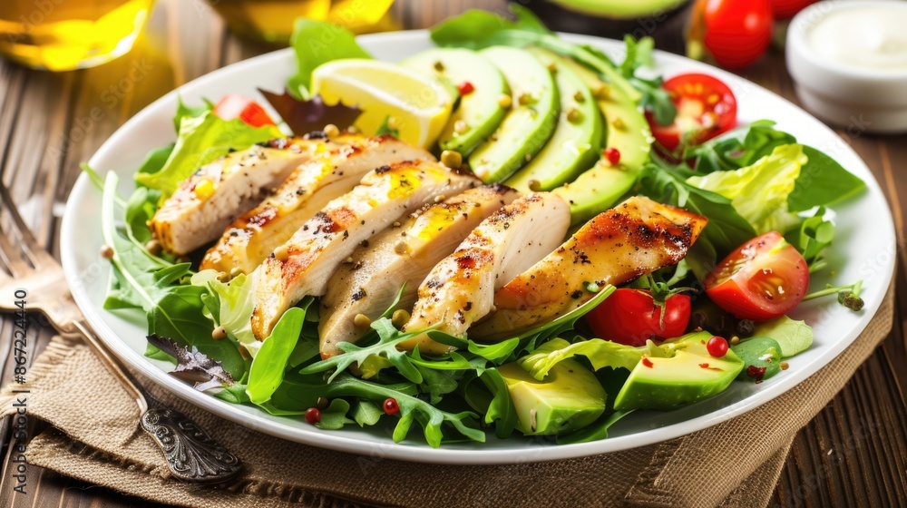 Grilled chicken salad with avocado and tomatoes Grilled chicken salad with avocado and tomatoes