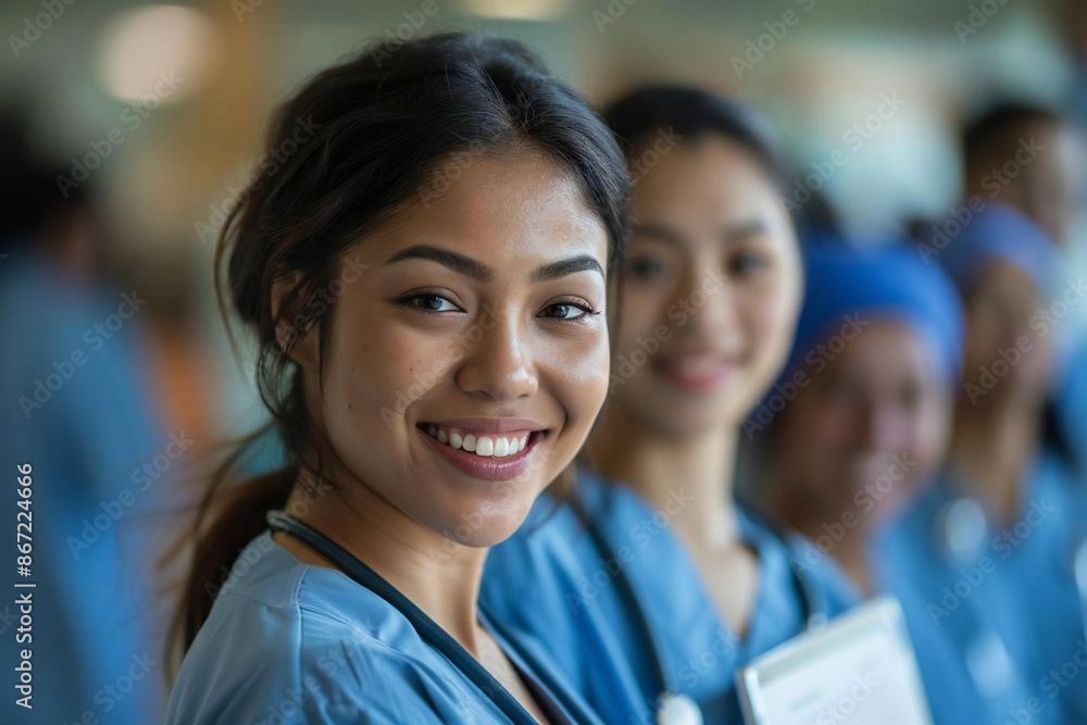 Beautiful multiracial doctors in a clinic, smiling and holding a placard. Beautiful multiracial doctors in a clinic, smiling and holding a placard.