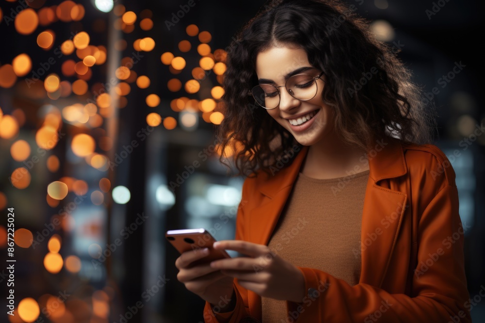 Woman Smiling While Using Smartphone at Night with Bokeh Lights in Background Woman Smiling While Using Smartphone at Night with Bokeh Lights in Background