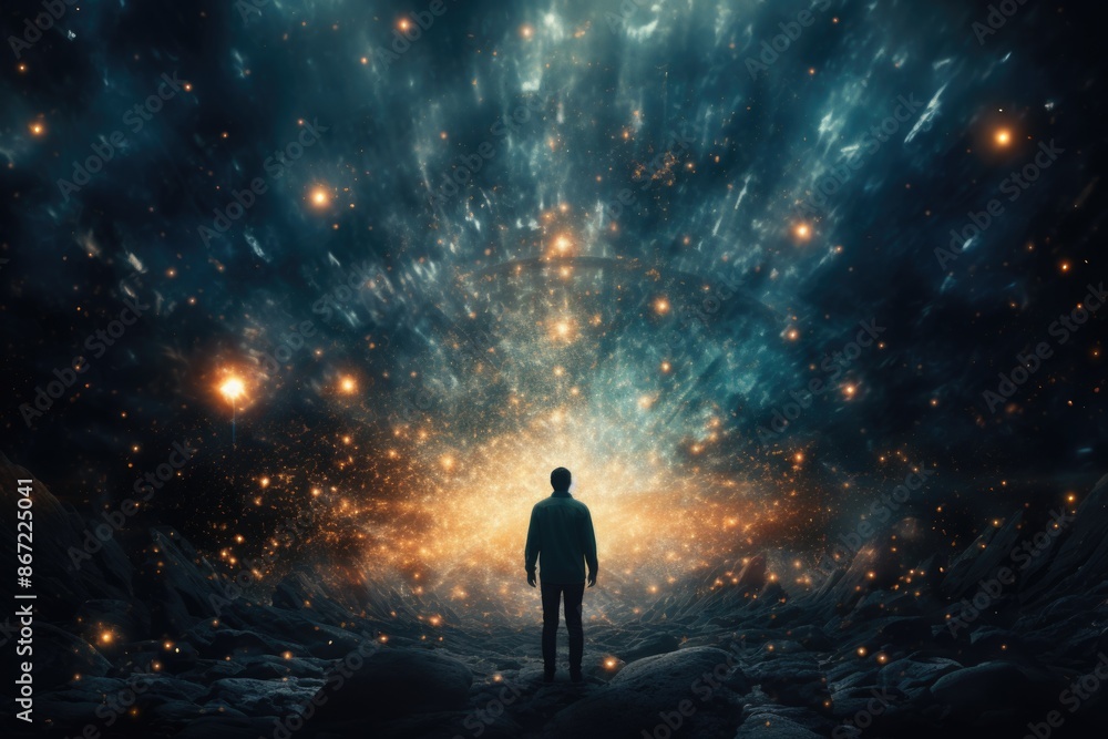 Man standing before a bright, cosmic explosion Man standing before a bright, cosmic explosion