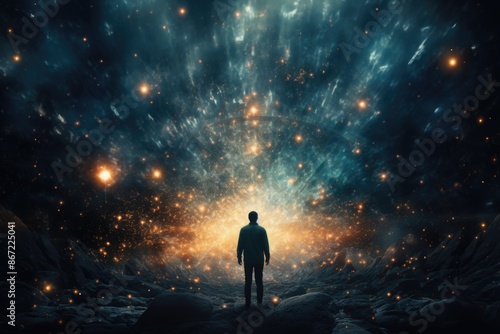 Man standing before a bright, cosmic explosion © Boomanoid