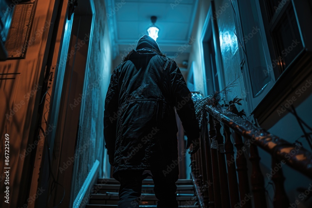 Person walking up stairs in a dark hallway Person walking up stairs in a dark hallway