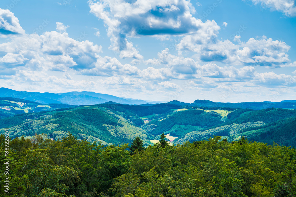 Germany, Beautiful aerial panorama drone nature landscape view above schwarzwald trees, mountains, valleys on sunny day near haslach im kinzigtal in tourism region Germany, Beautiful aerial panorama drone nature landscape view above schwarzwald trees, mountains, valleys on sunny day near haslach im kinzigtal in tourism region