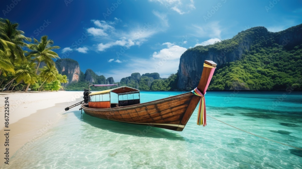 Obraz premium Traditional longtail boat moored on a tropical beach