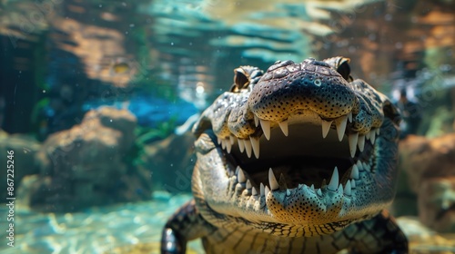 Crocodile open mouth close up in aquarium